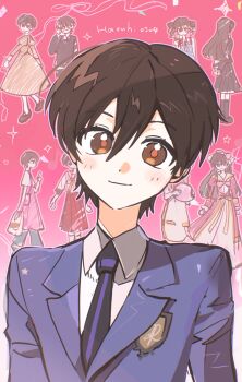 Rule 34 | 0021, absurdres, apron, arms behind back, bag, black jacket, black shoes, black skirt, blue pants, brown dress, brown eyes, brown hair, character name, closed mouth, collared shirt, crossdressing, crossdressing (ftm), dated, dress, fujioka haruhi, hair between eyes, highres, holding, holding bag, jacket, juliet sleeves, light blush, light smile, long dress, long sleeves, looking at viewer, necktie, official alternate costume, ouran high school host club, ouran high school uniform, pants, pants under dress, pink background, pink dress, puffy sleeves, purple jacket, red sailor collar, red skirt, sailor collar, school uniform, shirt, shoes, short hair, short sleeves, skirt, striped clothes, striped necktie, suit jacket, twintails, white shirt