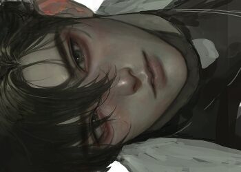 1boy aegyo_sal black_hair black_shirt crew_neck curtained_hair green_eyes highres looking_at_viewer male_focus meltoring original portrait serious shirt short_hair sideways solo sparkling_eyes