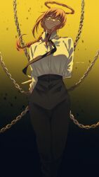 Rule 34 | 1girl, arms behind back, artist name, black background, black necktie, black pants, braid, braided ponytail, chain, chainsaw man, collared shirt, gradient background, halo, highres, ice morinaka, long hair, looking at viewer, makima (chainsaw man), necktie, orange hair, pants, ringed eyes, shirt, solo, two-tone background, white shirt, yellow background, yellow eyes