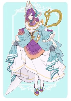 1girl @_@ aqua_background aqua_dress aqua_headwear blonde_hair bonnet border bow center_frills cowlick crossed_legs curtsey diagonal_bangs dress drill_hair footwear_bow framed frilled_sleeves frills gen_8_pokemon gown gradient_hair highres juliet_sleeves lollypopcandy8050 long_hair long_sleeves looking_at_viewer multicolored_dress multicolored_hair nintendo orange_hair outside_border pantyhose parted_lips personification pokemon polteageist puffy_sleeves purple_eyes purple_hair purple_shirt purple_shoes shirt shoes skirt_hold sleeveless sleeveless_shirt smile solo standing streaked_hair watson_cross white_border white_dress white_pantyhose