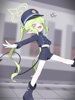 +++ 1girl :d belt black_belt black_boots black_hat black_jacket black_shorts blue_archive blurry blurry_background boots buttons commentary_request cropped_jacket demon_tail double-breasted fang gloves green_hair green_halo halo hat highres ishikoro24 jacket korean_commentary long_hair long_sleeves looking_at_viewer nozomi_(blue_archive) open_mouth outstretched_arms pantyhose peaked_cap pointy_ears shirt short_shorts shorts skin_fang smile solo spread_arms tail train twintails very_long_hair white_gloves white_pantyhose white_shirt yellow_eyes