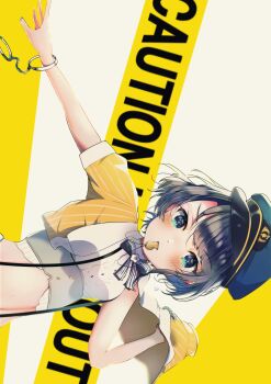 1girl absurdres black_bow black_bowtie black_hair blue_eyes blue_hat blush bow bowtie brooch caution_tape center_frills corset cropped_jacket cuffs emutakanoe flower_brooch frilled_shirt frills grey_corset handcuffs hat highres hololive jacket jewelry looking_at_viewer midriff mouth_hold navel oozora_subaru oozora_subaru_(starlight) open_clothes open_jacket orange_jacket outstretched_arm pinstripe_jacket pinstripe_pattern police_hat putting_on_jacket shirt short-sleeved_sweater short_hair short_sleeves sideways solo striped_bow striped_bowtie striped_clothes suspenders sweater underbust upper_body virtual_youtuber whistle whistle_around_neck white_background white_bow white_bowtie white_shirt yellow_background