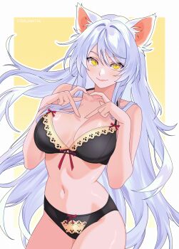 1girl animal_ears artist_name bakeneko black_bra black_hanekawa black_panties bow bow_bra bow_panties bra breasts cat_ears cat_girl closed_mouth hanekawa_tsubasa highres large_breasts lingerie long_hair looking_at_viewer monogatari_(series) navel nekomonogatari panties slit_pupils smile solo steklowataa underwear underwear_only very_long_hair white_hair yellow_eyes