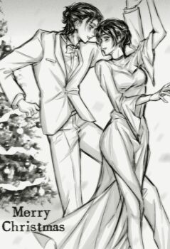 1boy 1girl bow bowtie breasts christmas_tree collared_shirt commentary couple dancing dress em1607230229543 eren_yeager feet_out_of_frame formal_clothes greyscale hair_between_eyes hair_bun half_updo hetero highres holding_hands jacket long_dress looking_at_another medium_breasts medium_hair merry_christmas mikasa_ackerman monochrome pants parted_lips shingeki_no_kyojin shirt short_hair side_slit smile suit suit_jacket symbol-only_commentary