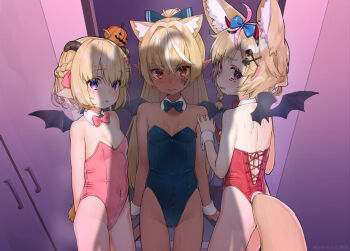 3girls aged_down ahoge animal_ear_fluff animal_ears ass back bare_shoulders bat_wings blonde_hair blue_bow blue_leotard blush bow bowtie braid breasts cleavage clothing_cutout covered_navel dark-skinned_female dark_skin detached_collar elf facial_tattoo fox_ears fox_girl fox_tail gluteal_fold hair_between_eyes hair_bow hair_ornament hairclip halloween high_ponytail highres hololive horns jack-o&#039;-lantern jack-o&#039;-lantern_hair_ornament leotard loli long_hair looking_at_viewer looking_back multicolored_hair multiple_girls nontraditional_playboy_bunny omaru_polka oshiruko_(oshiruco_212048) pink_bow pink_hair pink_leotard playboy_bunny pointy_ears ponytail purple_eyes red_bow red_leotard shadow sheep_ears sheep_girl sheep_horns shirakami_fubuki shiranui_flare short_hair side_braid small_breasts standing streaked_hair sweat symbol-shaped_pupils tail tail_through_clothes tattoo tsunomaki_watame virtual_youtuber wings