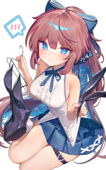 1girl ainy animal_ear_hairband animal_ears bare_arms bare_shoulders blue_bow blue_bowtie blue_eyes blue_nails blue_skirt blush bow bowtie breasts brown_hair buttons center_frills clothes_hanger commentary_request fake_animal_ears fake_tail frills full_body hair_bow hairband highres holding holding_clothes_hanger holding_unworn_clothes large_breasts leotard long_hair looking_at_viewer miniskirt nail_polish original parted_lips pleated_skirt ponytail rabbit_ear_hairband rabbit_ears rabbit_tail shirt simple_background sitting skirt sleeveless sleeveless_shirt solo spoken_blush strapless strapless_leotard tail thigh_strap untucked_shirt unworn_hairband unworn_leotard white_background white_shirt