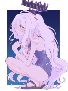 Rule 34 | 1girl, bare arms, bare legs, bare shoulders, black halo, blue archive, demon horns, full body, hair ornament, hairclip, halo, highres, hina (blue archive), hina (swimsuit) (blue archive), horns, long hair, one-piece swimsuit, purple eyes, sandals, school swimsuit, solo, squatting, swimsuit, whistle, whistle around neck, white hair, yuzuodeko