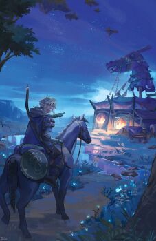 1boy black_cloak blonde_hair blue_tunic cloak earrings highres holding holding_reins hood hood_down hooded_cloak horseback_riding jewelry link low_ponytail male_focus nintendo open_mouth outdoors pointing pointy_ears ponytail reins riding shield smile the_legend_of_zelda the_legend_of_zelda:_breath_of_the_wild the_legend_of_zelda:_tears_of_the_kingdom tunic weapon weapon_on_back yukinnn