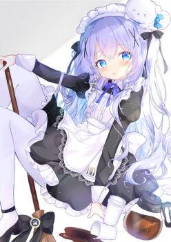1girl apron black_bow black_dress blue_eyes blue_hair blush bow breasts broom child coffee coffee_mug cup dress fukaya_rin gochuumon_wa_usagi_desu_ka? hair_between_eyes hair_ornament hairclip headdress high_heels highres holding kafuu_chino long_hair long_sleeves looking_at_viewer maid maid_apron maid_headdress mug pantyhose parted_lips rabbit simple_background spilling very_long_hair white_apron white_pantyhose x_hair_ornament