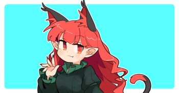 1girl :3 animal_ear_fluff animal_ears blue_background blush border cat_ears cat_girl cat_tail closed_mouth commentary dot_nose dress fang fang_out frilled_sleeves frills green_dress hand_up ini_(inunabe00) kaenbyou_rin long_hair long_sleeves looking_at_viewer nail_polish outline outside_border red_eyes red_hair red_nails simple_background smile solo tail touhou upper_body white_border white_outline