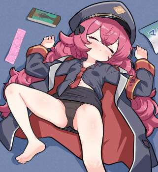 1girl armband barefoot black_coat black_panties black_shirt black_skirt blue_archive closed_eyes coat condom condom_wrapper fluffy_hair gehenna_academy_logo hat iroha_(blue_archive) loli loose_necktie lying military_hat necktie on_back open_clothes open_coat panties peaked_cap red_armband red_hair red_necktie safety_pin scarfy_(scarfy_chang) shirt skirt sleeping solo toes underwear