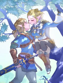 Rule 34 | 1boy, 1girl, artist name, belt, black cape, black gloves, black pants, blonde hair, blue shirt, bob cut, boots, braid, brown belt, brown boots, cape, chatgris8, closed eyes, closed mouth, commentary, couple, crown braid, earrings, english commentary, fingerless gloves, fold-over boots, gloves, grey pants, hetero, highres, holding, holding sword, holding weapon, imminent kiss, jewelry, layered sleeves, link, long sleeves, looking at another, master sword, nintendo, pants, pointy ears, ponytail, princess zelda, shirt, short hair, short over long sleeves, short ponytail, short sleeves, sitting, sitting on branch, smile, sword, the legend of zelda, the legend of zelda: tears of the kingdom, watermark, weapon