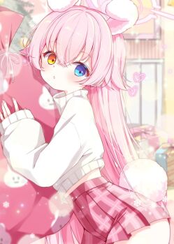 1girl :o animal_ears blue_archive blue_eyes blush christmas commentary cowboy_shot crossed_bangs hair_between_eyes halo heterochromia holding holding_sack hoshino_(blue_archive) kemonomimi_mode long_hair long_sleeves looking_at_viewer miniskirt open_mouth pink_hair pink_halo pink_skirt plaid_clothes plaid_skirt pleated_skirt rabbit_ears rabbit_girl rabbit_tail ribbed_sweater sack skirt solo subin_(subin_2011) sweater tail turtleneck turtleneck_sweater white_sweater yellow_eyes