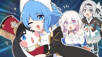 3girls :3 animal_ear_fluff animal_ears artist_self-insert blue_background blue_eyes blue_hair coat commentary english_commentary firefly_(honkai:_star_rail) grey_hair highres honkai:_star_rail honkai_(series) hug indie_virtual_youtuber light_blush march_7th_(honkai:_star_rail) multiple_girls one_eye_closed open_clothes open_coat open_mouth pale_skin pom-pom_(honkai:_star_rail) short_hair virtual_youtuber wolfychu wolfychu_(artist)