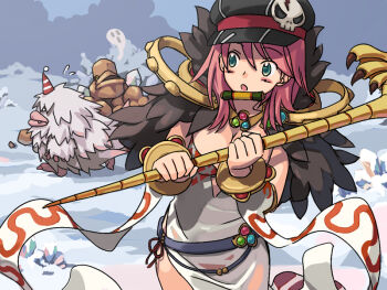 Rule 34 | 1girl, belt, black hat, blue belt, blush, bradium golem, breasts, commentary request, cowboy shot, crystal, detached sleeves, dress, fur collar, golem, green eyes, hat, hat ornament, holding, holding staff, long hair, looking back, medium breasts, meranie, monster, newsboy cap, open mouth, outdoors, ragnarok online, skull hat ornament, sleeveless, sleeveless dress, snow, solo, sorcerer (ragnarok online), staff, tatacho, white dress, white sleeves