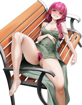 1girl absurdres bar_censor bare_shoulders barefoot bench blush bocchi_the_rock! braid breasts censored commentary_request dress female_pubic_hair green_dress grin hair_over_shoulder highres hiroi_kikuri long_hair looking_at_viewer lying nipples on_back pink_hair pubic_hair purple_eyes sebakanken sharp_teeth single_braid small_breasts smile solo spread_legs teeth