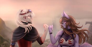 Rule 34 | 2girls, animal ears, arkanis, arthropod girl, bagi (youtuber), bat ears, biiahwolf, bracelet, breasts, brown hair, cloak, collar, colored sclera, colored skin, dante will, dante will (spider), extra arms, extra eyes, fingernails, goggles, goggles on head, high ponytail, highres, indie virtual youtuber, insect girl, jewelry, long hair, minecraft youtube, monster girl, multiple girls, pinky swear, ponytail, portuguese text, purple skin, red sclera, red shirt, sharp fingernails, shirt, sleeves rolled up, smile, spider girl, spiked bracelet, spiked collar, spikes, virtual youtuber, white hair, wings