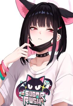1girl animal_ears black_hair black_mask blue_archive cat_ears choker colored_inner_animal_ears colored_inner_hair extra_ears halo highres kazusa_(band)_(blue_archive) kazusa_(blue_archive) mask_pull multicolored_hair official_alternate_costume pink_hair pink_halo shirt short_hair two-tone_hair white_shirt yan_kodiac