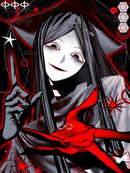 Rule 34 | 1girl, absurdres, black background, black choker, black hair, black hat, bluffman (niru kajitsu), choker, colored skin, fingernails, grey robe, half-closed eyes, hat, head tilt, highres, index finger raised, infinity symbol, long hair, lower eyelashes only, mada (hi fi club), na-na (nana29467251), object floating above hand, parted bangs, robe, sharp fingernails, smile, solo, star (symbol), upper body, white skin