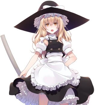 Rule 34 | 1girl, apron, black hat, black skirt, black vest, blonde hair, bow, bowtie, broom, buttons, commentary request, cowboy shot, crote, frilled apron, frilled skirt, frills, hair between eyes, hand on own hip, hat, hat ribbon, highres, holding, holding broom, index finger raised, kirisame marisa, large variant set, legs apart, long hair, looking at viewer, open mouth, puffy short sleeves, puffy sleeves, ribbon, short sleeves, skirt, solo, standing, tachi-e, teeth, touhou, transparent background, upper teeth only, v-shaped eyebrows, variant set, vest, white apron, white bow, white ribbon, wide-eyed, witch hat, yellow eyes