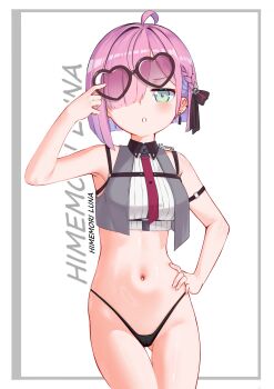 1girl absurdres adjusting_eyewear ahoge arm_belt arm_up black-framed_eyewear black_panties black_ribbon blunt_ends blush braid breasts character_name chest_harness cloverse6 collared_shirt colored_inner_hair commentary crown_hair_ornament ear_piercing english_commentary fingernails gluteal_fold green_eyes grey_shirt hair_over_one_eye hair_ribbon hand_on_eyewear hand_on_own_hip harness heart heart-shaped_eyewear heart_print highres himemori_luna himemori_luna_(streetwear) hololive looking_at_viewer medium_hair multicolored_hair navel necktie no_pants o-ring o-ring_harness one_eye_covered panties piercing pink_hair pink_necktie pink_ribbon ribbed_shirt ribbon shiny_skin shirt sleeveless sleeveless_shirt solo stomach sunglasses thighs twitter_username two-tone_hair two-tone_ribbon underwear virtual_youtuber white_background white_shirt