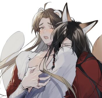 2boys ahoge animal_ears beads bishounen black_hair blush bracelet braid brown_eyes brown_hair chinese_clothes eyepatch ferret_boy ferret_ears ferret_tail fingernails fox_boy fox_ears fox_tail hair_beads hair_ornament hand_on_another&#039;s_chest hanfu highres hua_cheng hug hug_from_behind jewelry kemonomimi_mode long_hair long_sleeves male_focus manjuyawaraka multiple_boys neck_tattoo necklace one_eye_closed one_eye_covered open_mouth pectoral_cleavage pectorals red_hanfu ring ring_necklace saliva sharp_fingernails side_braid silver_bracelet simple_background single_braid string string_around_finger string_of_fate tail tattoo tears third-party_source tianguan_cifu upper_body white_background white_hanfu xie_lian yaoi