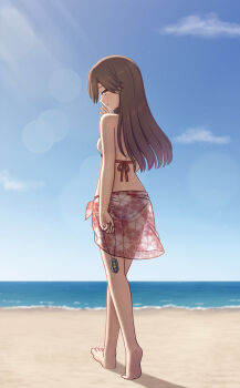 1girl absurdres alternate_costume arashio_(kancolle) ass back barefoot beach bikini blue_sky blush breasts brown_hair cloud commentary_request commission day from_behind full_body hair_between_eyes highres horizon kantai_collection konato_k long_hair looking_at_viewer ocean outdoors pixiv_commission sarong shore sidelocks sky small_breasts smile solo swimsuit turning_head white_bikini yellow_eyes