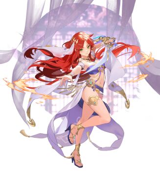 1girl breasts closed_mouth dancer full_body gem green_eyes hair_ornament high_heels holding holding_sword holding_weapon hoyeon jewelry long_hair navel necklace official_alternate_costume official_art red_hair second-party_source sehwa_(hoyeon) solo sword weapon