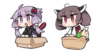 2girls :d ahoge basket black_jacket blush_stickers box brown_hair chibi chibi_only closed_mouth commentary_request dress full_body hair_between_eyes hair_ornament headgear in_basket in_box in_container ini_(inunabe00) jacket japanese_clothes kimono kiritanpo_(food) long_sleeves multiple_girls obi open_clothes open_jacket open_mouth outline purple_dress purple_eyes purple_hair red_eyes red_sash sash short_hair short_hair_with_long_locks simple_background sitting smile touhoku_kiritan transparent_background vocaloid voiceroid white_kimono white_outline yuzuki_yukari