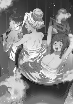 Rule 34 | 1boy, 2girls, amei kanna, arms up, blush, breasts, closed eyes, commentary request, drum bath, gloves, greyscale, hair up, hakuchuumu no aojashin, highres, large breasts, matsukaze azuki, momonouchi sumomo, monochrome, multiple girls, naked towel, novel illustration, official art, open mouth, same-sex bathing, second-party source, shared bathing, shimofuri, shirt, short hair, shoulder blades, smile, standing, towel
