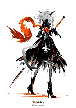 1girl arknights armband black_boots black_dress black_gloves boots character_name deel_(rkeg) dragon_girl dragon_horns dragon_tail dress from_behind full_body gloves grey_hair grey_pantyhose high_heel_boots high_heels highres holding holding_sword holding_weapon horns limited_palette long_sleeves pantyhose simple_background sketch solo standing sword tail talulah_(arknights) weapon white_background