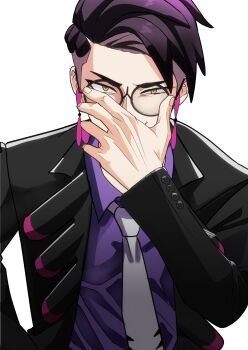 1boy adjusting_eyewear akisame_kanon arm_up black-framed_eyewear black_coat closed_mouth coat collared_shirt commentary_request corbeau_(pokemon) glasses hand_on_own_face highres lapels long_sleeves looking_at_viewer male_focus necktie nintendo open_clothes open_coat parted_hair pokemon pokemon_legends:_z-a purple_hair purple_shirt shirt short_hair simple_background smile solo upper_body white_background white_necktie wing_collar yellow_eyes