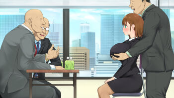 1girl 3boys ass black_hair breasts brown_hair business_suit chair dark-skinned_male dark_skin formal_clothes glasses grabbing_another's_breast green_eyes groping huge_breasts interview multiple_boys office office_chair open_mouth short_hair someoka_yusura suit swivel_chair