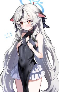 Rule 34 | 1girl, absurdres, animal ear fluff, animal ears, bare arms, black dress, black streaks, blue archive, blue halo, blush, breast conscious, breasts, cleavage cutout, clothing cutout, commentary request, covered navel, cowboy shot, crossed bangs, dress, flying sweatdrops, grey hair, halo, hand on own chest, highres, kokona (blue archive), layered skirt, long hair, open mouth, orange eyes, pelvic curtain, sak (lemondisk), simple background, skirt, sleeveless, sleeveless dress, small breasts, solo, thighs, tiger ears, tiger girl, very long hair, white background, white skirt
