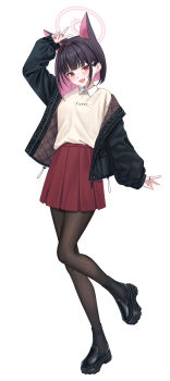1girl animal_ears arm_up black_boots black_hair black_jacket black_pantyhose blue_archive boots casual cat_ears cat_girl colored_inner_hair full_body halo highres jacket jewelry kazusa_(blue_archive) long_sleeves multicolored_hair open_clothes open_jacket open_mouth pantyhose pink_hair rama_(yu-light8) red_skirt ring short_hair simple_background skirt smile solo standing standing_on_one_leg v white_background