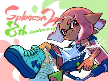 Rule 34 | 1girl, anniversary, aqua shoes, arrow (symbol), character request, check character, closed mouth, commentary request, copyright name, dark-skinned female, dark skin, highres, holding, holding weapon, inkling, inkling girl, inkling player character, naka (easygoing naka), nintendo, pink hair, pointy ears, red eyes, shirt, shoes, short hair, signature, smile, solo, splatoon (series), splatoon 2, surume (splatoon), tan, tentacle hair, thick eyebrows, weapon, weapon request, white shirt