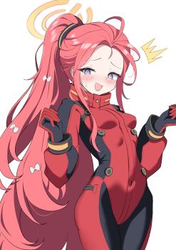 1girl absurdres blue_archive breasts commentary_request forehead halo highres long_hair marutoofu open_mouth orange_halo red_hair simple_background small_breasts solo very_long_hair white_background yellow_halo yuzu_(blue_archive) yuzu_(pilot_suit)_(blue_archive)