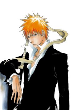 1boy bleach brown_eyes closed_mouth collarbone kubo_tite kurosaki_ichigo male_focus official_art orange_hair shikai short_hair simple_background spiked_hair sword upper_body weapon white_background zangetsu_(shikai) zanpakutou