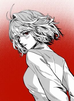 1girl absurdres arcueid_brunestud breasts highres jw2000221 large_breasts melty_blood red_eyes short_hair simple_background sweater tsukihime turtleneck turtleneck_sweater white_sweater