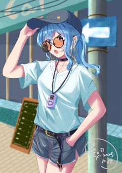 1girl :o airpods baseball_cap belt black_belt black_choker blue_eyes blue_hair blue_hat blue_shorts choker collarbone day denim denim_shorts digital_media_player earrings gold_earrings hand_in_pocket hat high_ponytail highres hololive hoop_earrings hoshimachi_suisei jewelry menu_board open_mouth outdoors pole ponytail round_eyewear shirt shirt_tucked_in short_shorts shorts solo standing star_(symbol) star_in_eye sunglasses symbol_in_eye tinted_eyewear toto_12_19 virtual_youtuber white_shirt wireless_earphones