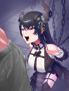 Rule 34 | 1boy, 1girl, absurdres, arms behind back, asymmetrical horns, bare shoulders, black hair, black horns, black pantyhose, black thighhighs, black vest, bulge, commentary, english commentary, highres, hololive, hololive english, horns, long hair, mole, mole under eye, nerissa ravencroft, nerissa ravencroft (1st costume), open mouth, paid reward available, pantyhose, red eyes, restrained, shirt, single leg pantyhose, single thighhigh, smile, solo focus, thighhighs, uneven horns, vest, virtual youtuber, white shirt, yodogama