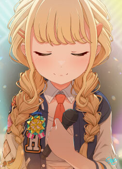 1girl blonde_hair blue_jacket blurry blurry_background braid braided_twintails campus_mode!!_(idolmaster) closed_eyes closed_mouth collar commentary_request cxe depth_of_field detached_collar fujita_kotone gakuen_idolmaster hair_ornament hairclip hand_up highres holding holding_microphone idolmaster jacket letterman_jacket light_blush long_hair low_twintails microphone midriff_peek multicolored_jacket necktie red_necktie shirt sidelocks smile solo stage stage_lights swept_bangs twintails upper_body white_collar white_jacket white_shirt