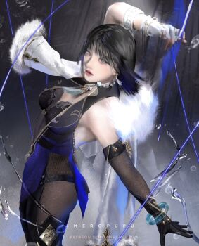 1girl ameropupu arm_up armpits artist_name asymmetrical_gloves backless_bodysuit bare_shoulders bead_choker beads black_choker black_gloves black_hair blue_eyes blue_hair bob_cut bodystocking bracelet breasts choker commentary cowboy_shot diagonal_bangs dice dice_necklace earrings elbow_gloves english_commentary eyeshadow feather-trimmed_jacket feather_collar fingerless_gloves from_side fur-trimmed_jacket fur_trim genshin_impact gloves grey_background halterneck highres hydrokinesis jacket jacket_on_shoulders jewelry large_breasts looking_at_viewer makeup mole mole_on_breast multicolored_hair neck_tassel necklace parted_lips patreon_username red_eyeshadow short_hair single_elbow_glove single_fingerless_glove solo stud_earrings tassel tassel_choker two-tone_hair uneven_gloves water white_gloves yelan_(genshin_impact)