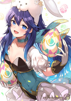 1girl animal_ear_hairband animal_ears blue_eyes blue_hair blush brand_of_the_exalt breasts cleavage easter_egg egg fake_animal_ears fire_emblem fire_emblem_awakening fire_emblem_heroes gloves hairband highres leotard long_hair lucina_(fire_emblem) lucina_(spring_exalt)_(fire_emblem) nakabayashi_zun nintendo official_alternate_costume open_mouth pantyhose rabbit_ear_hairband rabbit_ears rabbit_tail smile solo tail white_pantyhose