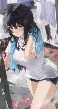 1girl absurdres bathroom black_hair blush breasts commentary dolphin_shorts hair_between_eyes hair_ornament hairclip highres indoors k.j. large_breasts long_hair looking_at_viewer original parted_lips red_eyes shirt shorts solo symbol-only_commentary thighs towel towel_around_neck wet wet_clothes wet_shirt white_shirt wiping