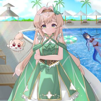 2girls ahoge bikini bow closed_mouth commission dragon_girl dragon_horns dragon_tail dress flower flower_pot green_eyes hair_ornament highres hisui_hotaru horns knee_up knees_up kyoichi long_hair looking_at_viewer multiple_girls outdoors pointy_ears pool ribbon sansha_safaia smile squirrel swimsuit table tail takara_live virtual_youtuber water