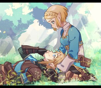 1boy 1girl black_gloves blonde_hair blue_eyes blue_shirt breasts brown_bag brown_shoes closed_mouth commentary_request earrings eyelashes fingerless_gloves from_side gloves grass hand_on_own_stomach highres jewelry kneeling lap_pillow letterboxed light_rays link long_sleeves looking_at_another lying nintendo on_back oshinomiya outdoors pointy_ears princess_zelda shirt shoes short_hair sidelocks smile the_legend_of_zelda the_legend_of_zelda:_tears_of_the_kingdom tree