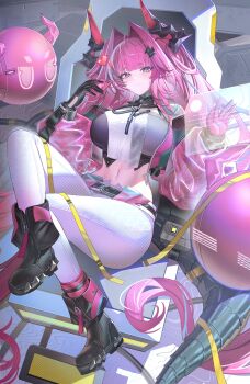 1girl absurdres ankle_boots arknights arknights:_endfield black_boots black_gloves blunt_bangs blush boots breasts cellphone closed_mouth full_body gloves hair_intakes hair_ornament hairclip hashtag-only_commentary heart highres holding holding_phone horns jacket jeze large_breasts long_hair long_sleeves looking_at_viewer navel open_clothes open_jacket pants phone pink_hair pink_jacket pixel_heart pointy_ears smartphone smile solo stomach tail thick_eyebrows thighs unzipped very_long_hair white_pants yvonne_(arknights)