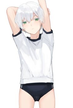 1boy arm_behind_head arms_up black_buruma bulge buruma closed_mouth commentary_request crew_neck crossdressing crossdressing_(mtf) dot_nose frown green_eyes gym_shirt gym_uniform hair_between_eyes hand_on_own_arm head_tilt looking_at_viewer male_focus original partial_commentary shirt short_hair short_sleeves simple_background solo sunaba_(nczd5875) thighs trap white-haired_boy_(sunaba_(nczd5875)) white_background white_hair