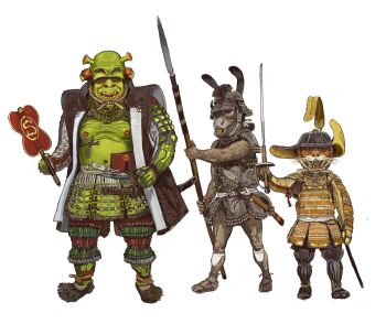 3boys absurdres armor cat colored_skin donkey donkey_(shrek) dreamworks full_body green_skin hand_fan helmet highres holding holding_fan holding_polearm holding_sword holding_weapon japanese_armor kabuto_(helmet) looking_at_viewer male_focus mossacannibalis multiple_boys muscular muscular_male nipple_piercing no_humans ogre open_mouth piercing polearm puss_in_boots_(shrek) samurai sandals shrek shrek_(series) simple_background spear sword teeth warrior weapon white_background